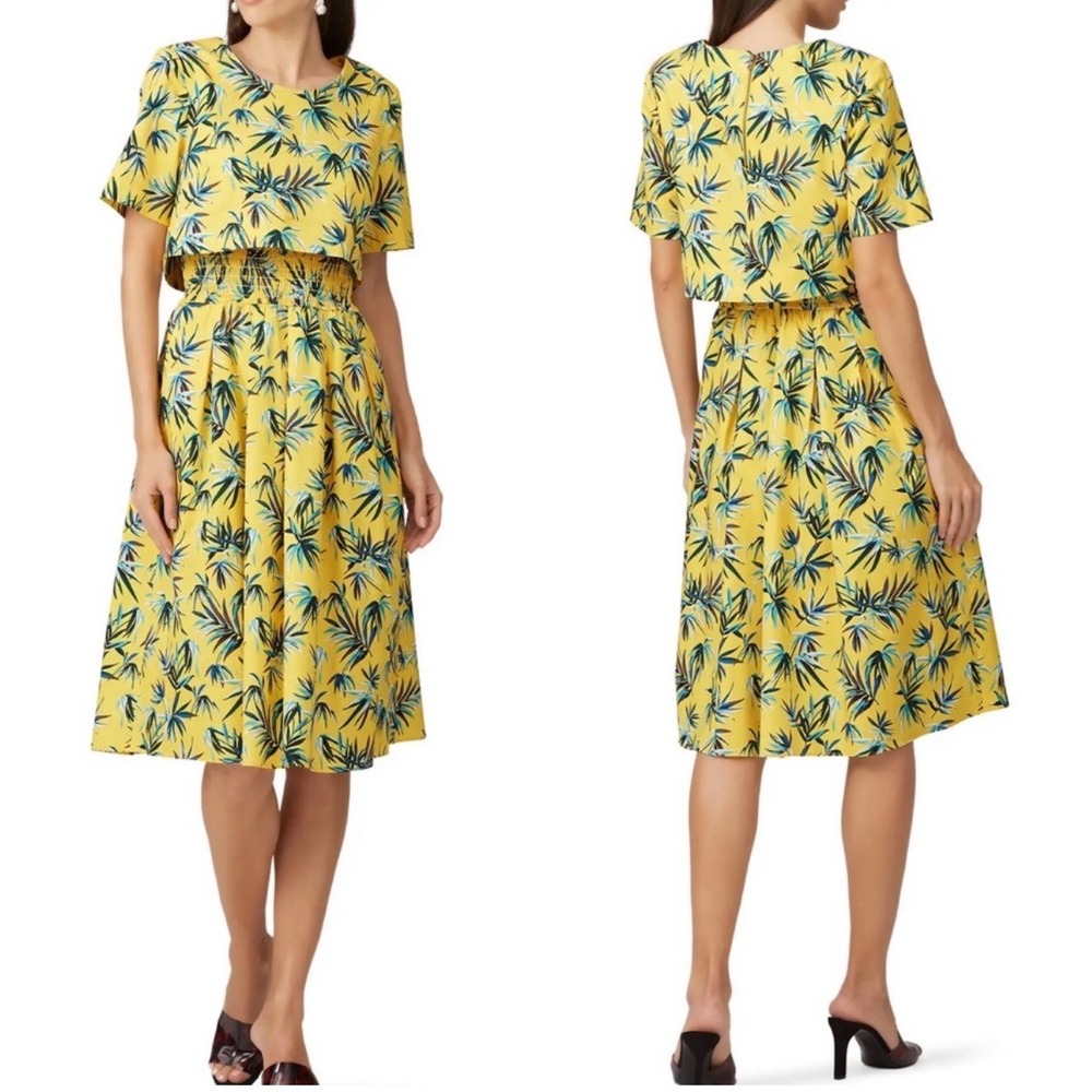 Autumn Adeigbo Yellow Tropical Palm Print Smocked Waist Midi Dress Womens Size 4